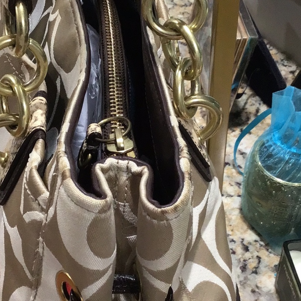 Coach Collette Signature Sateen Satchel Handbag Faux Snakeskin - Picture 9 of 16
